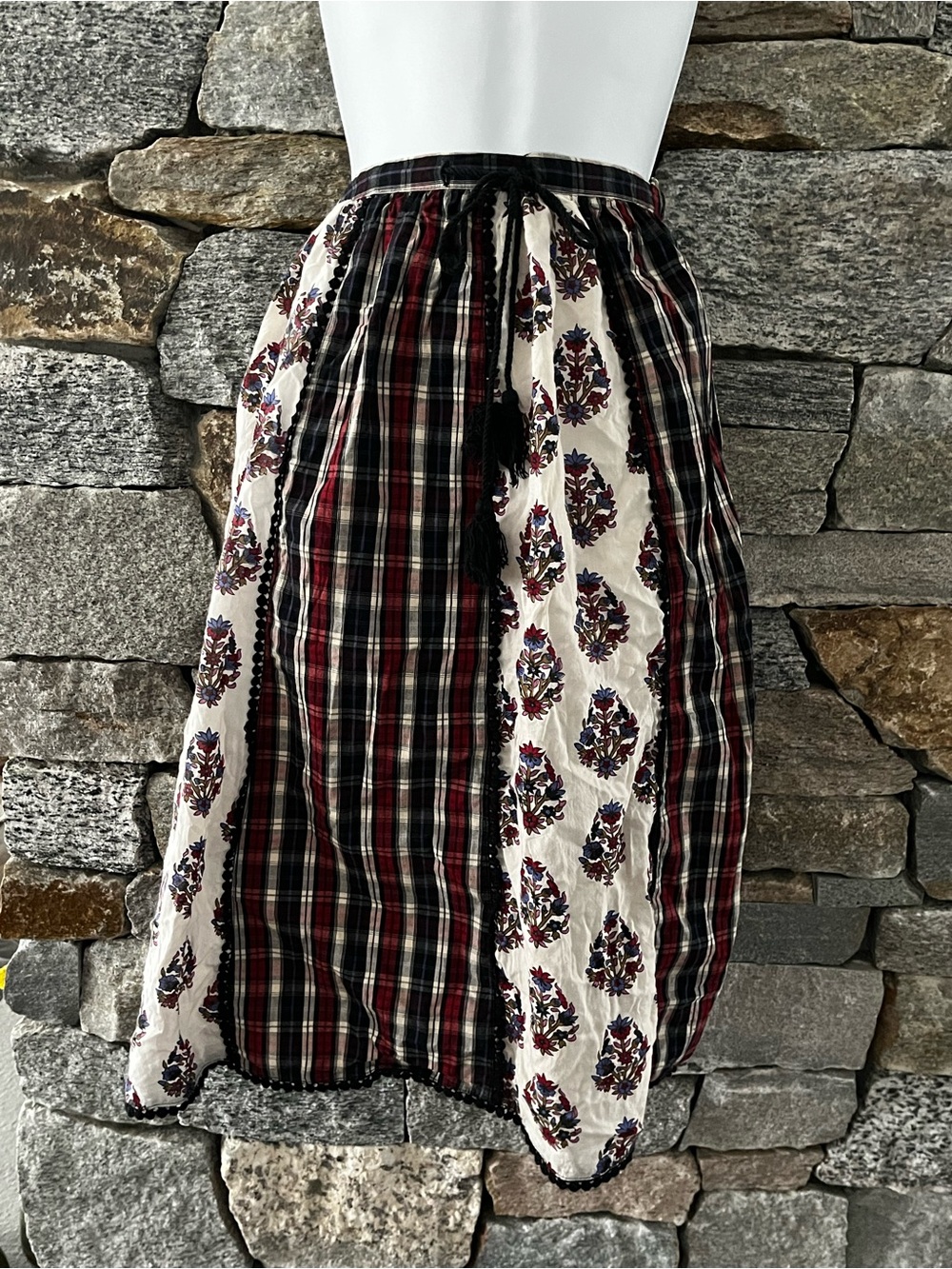 Patchwork A-Line Midi Skirt - Red & Cream